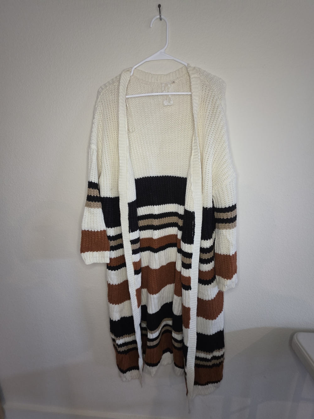 & Other Stories Cream Striped Open Cardigan with Brown and Black Bands